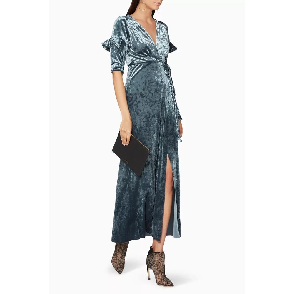 Misa Symone Wrap Dress Velvet Maxi Size XS Ruffle Sleeves Braided Sash Belt Teal - Picture 2 of 16